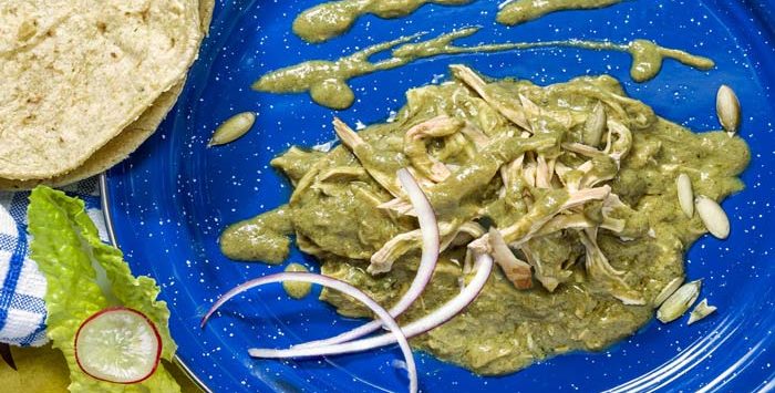 Pollo deshebrado en mole verde. Receta fácil